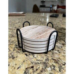 Drink Coasters with Holder, Absorbent Coaster Sets of 6, Marble Style Ceramic